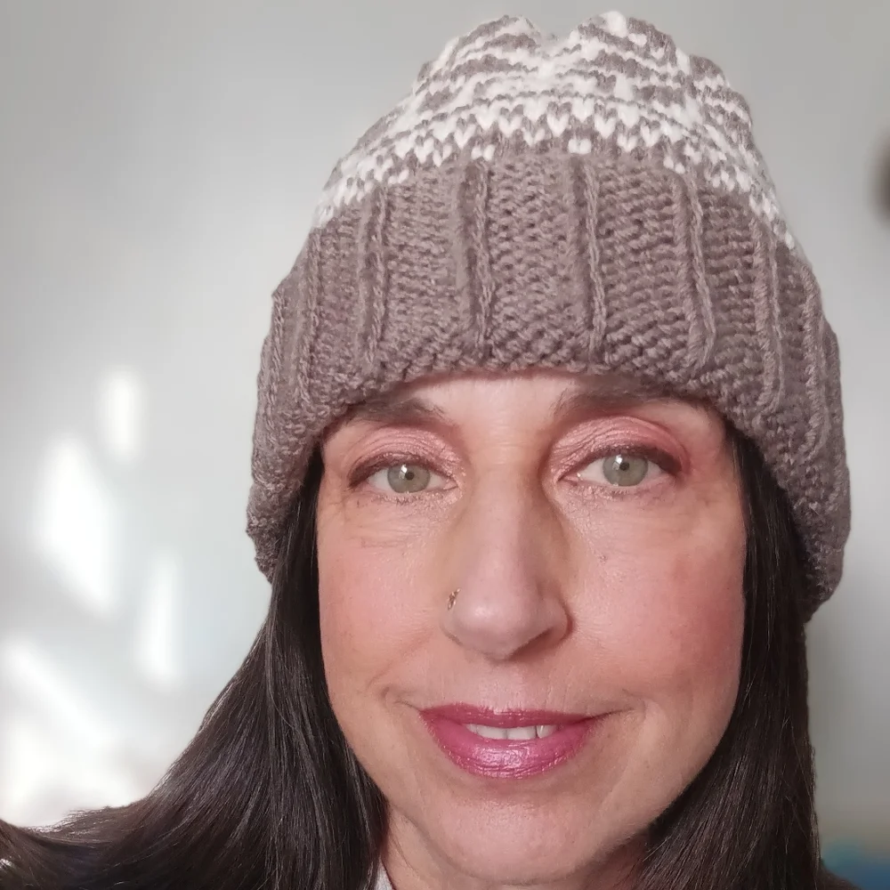 Hand Crafted Handknit Taupe Brown & Ivory Scandinavian Motif Beanie Hat OSFM
